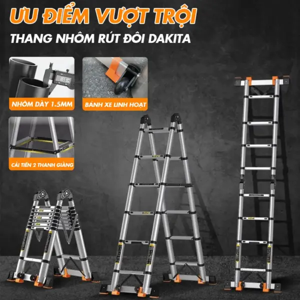 Thang Nhôm Rút Đôi Chữ A OSAKA Kiểu Dáng Đa Năng Chiều Cao Từ 1.9m Đến 8m