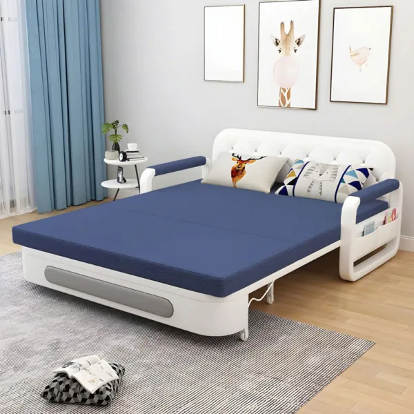Sofa Giường Thông Minh Loại Vải Màu Xanh Dương Đậm Nệm Xơ Dừa Hộc Tủ Gỗ