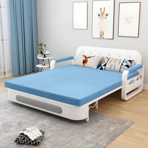 Sofa Giường Thông Minh Loại Vải Màu Xanh Thiên Thanh Nệm Xơ Dừa Hộc Tủ Gỗ