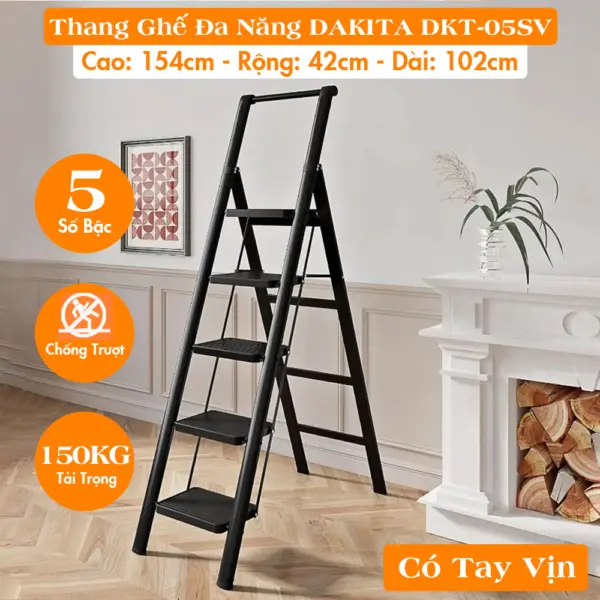 [5 BẬC - TAY VỊN AN TOÀN] Thang Ghế Đa Năng DAKITA DKT-05SV – Chữ A 1.54m
