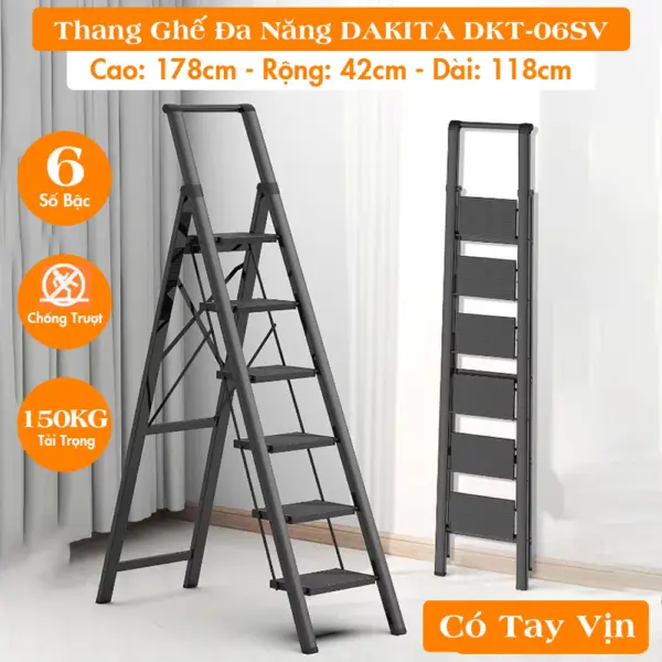 [6 BẬC - BẬC THANG TO]. Thang Ghế Đa Năng DAKITA DKT-06SV – Chữ A 1.78m