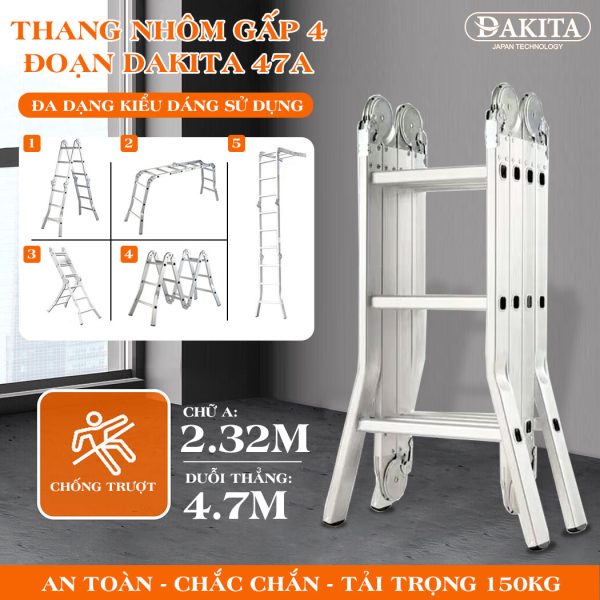 DKT-47A (Chữ A 2.32m). Thang Nhôm Gấp 4 Đoạn DAKITA [THANG TỐT GIÁ RẺ NHẤT]