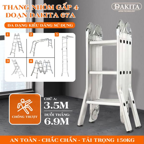 DKT-67A (Chữ A 3.5m). Thang Nhôm Gấp 4 Đoạn DAKITA [THANG TỐT GIÁ RẺ NHẤT]