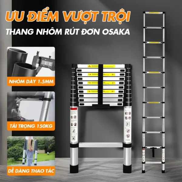 Thang Nhôm Rút Đơn OSAKA Chiều Cao Từ 2m Đến 8m