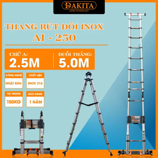 Thang Inox Rút Đôi DAKITA AI-250 [Chữ A : 2.5m Duỗi 5.0m]
