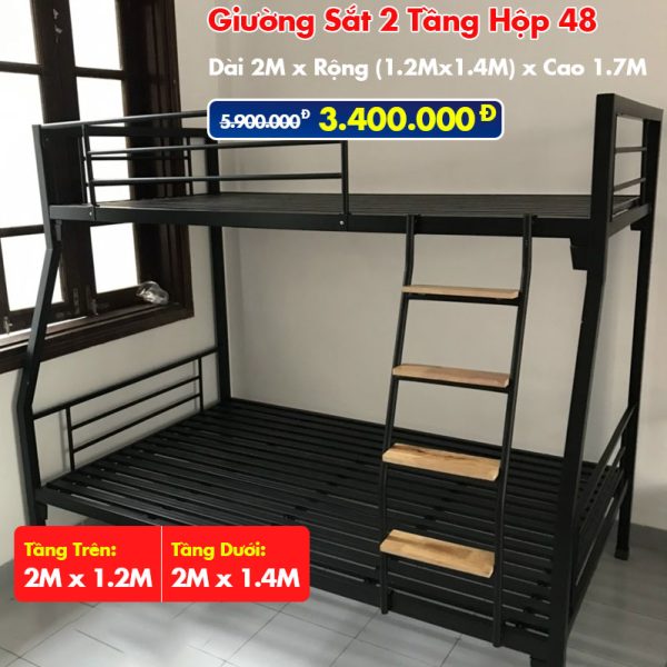 Giường Sắt Hai Tầng Hộp 48 Trên 1.2m Dưới 1.4m DAKITA Đen
