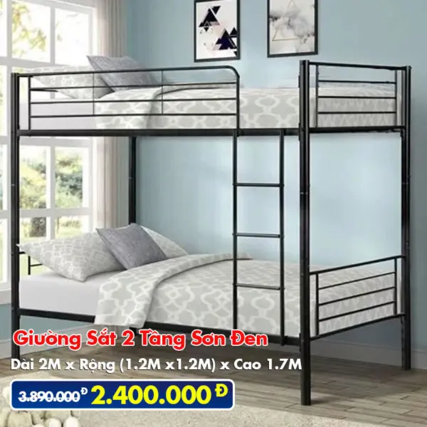 [Nhiều Kích Thước] Giường Sắt 2 Tầng Sơn Đen DAKITA