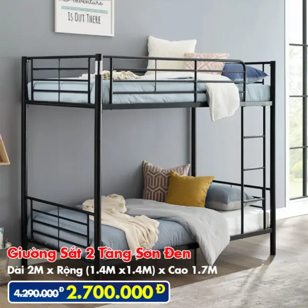 [Rộng 1.4m - Đen] Giường Sắt 2 Tầng Sơn Đen DAKITA