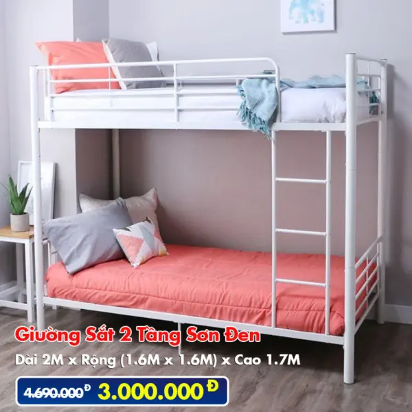 [Rộng 1.6m - Trắng Kem] Giường Sắt 2 Tầng Sơn Trắng Kem DAKITA