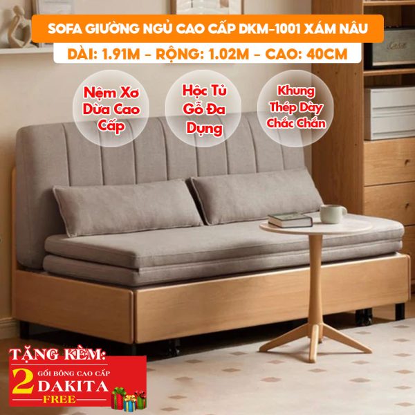 [Rộng 1.02m - Nệm Xơ Dừa] Sofa Giường DAKITA DKM-1001- Xám Nâu - Hộc Tủ Gỗ Hiện Đại