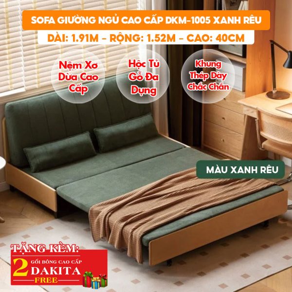 [Rộng 1.52m - Nệm Xơ Dừa] Sofa Giường DAKITA DKM-1005- Xanh Rêu - Hộc Tủ Gỗ Hiện Đại