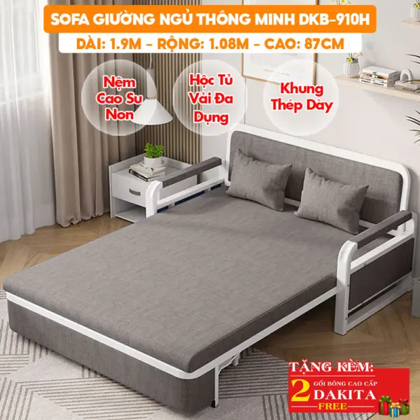 [Nệm Cao Su Non + Hộc Tủ Vải] Sofa Giường Dakita Đa Năng DKB-910H - Màu Xám