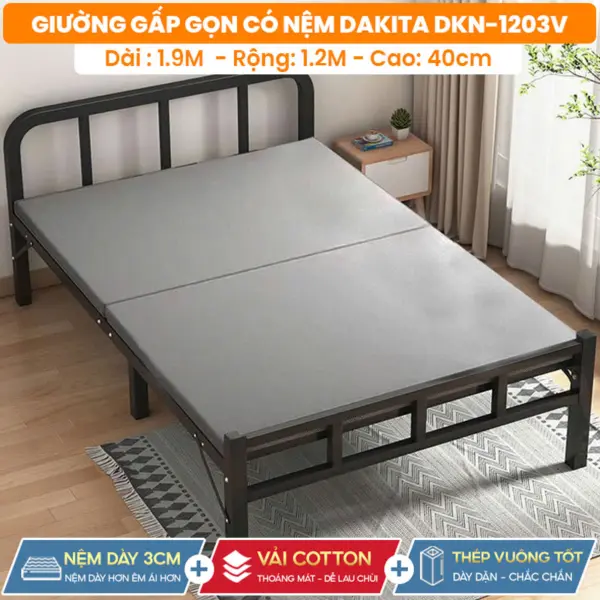 [NỆM DÀY 3CM – KHUNG VUÔNG CHẮC CHẮN] Giường Ngủ Có Nệm Gấp Gọn DAKITA DKN-1203V Xám Đậm