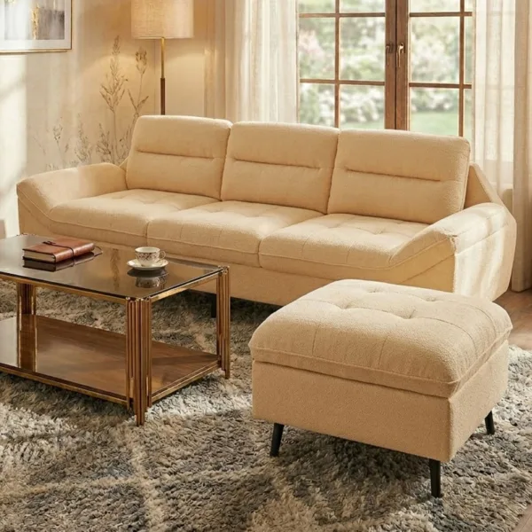 [Màu Kem] Sofa Cho Phòng Khách Kèm Đôn Chữ L Nệm Dày Êm Cao Cấp
