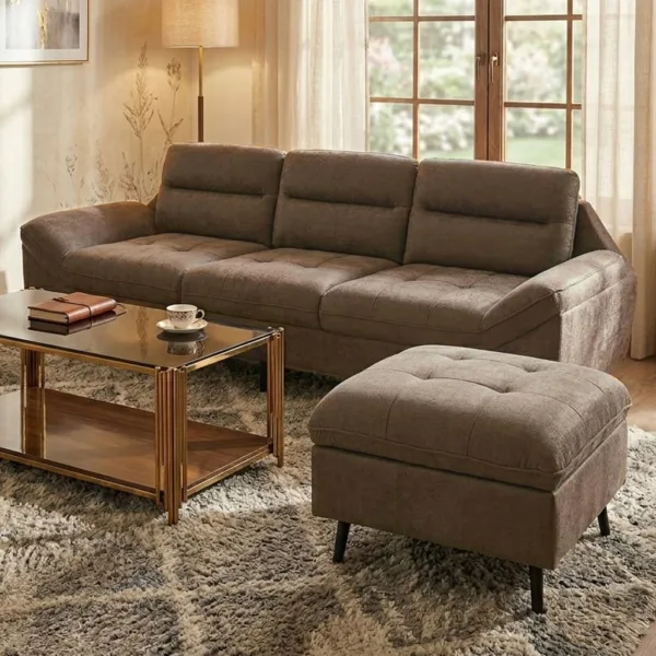 [Màu Nâu] Sofa Cho Phòng Khách Kèm Đôn Chữ L Nệm Dày Êm Cao Cấp