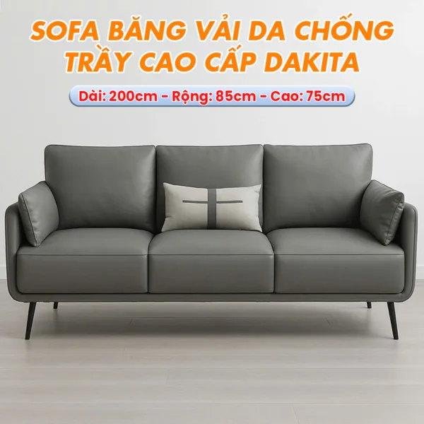 [Màu Xám] Sofa Băng Phòng Khách Vải Da Chống Trầy Cao Cấp DAKITA
