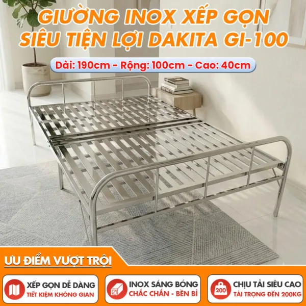 [Rộng 100cm] Giường Inox Gấp Gọn Loại 2 Đoạn Hiệu Dakita Chiều Rộng Mã GI-100