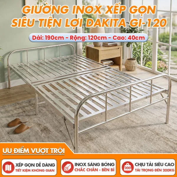 [Rộng 120cm] Giường Inox Gấp Gọn Loại 2 Đoạn Hiệu Dakita Chiều Rộng Mã GI-120