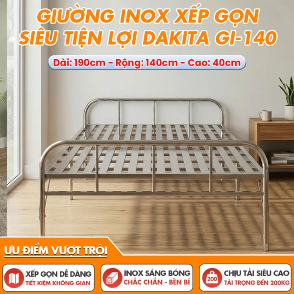 [Rộng 140cm] Giường Inox Gấp Gọn Loại 2 Đoạn Hiệu Dakita Chiều Rộng Mã GI-140