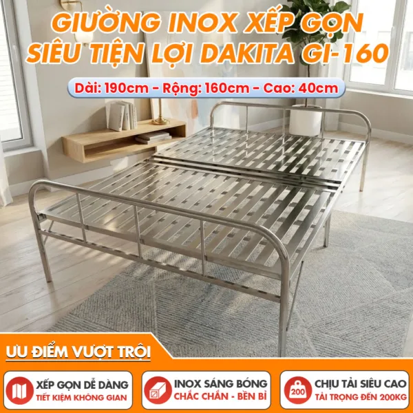 [Rộng 160cm] Giường Inox Gấp Gọn Loại 2 Đoạn Hiệu Dakita Chiều Rộng Mã GI-160