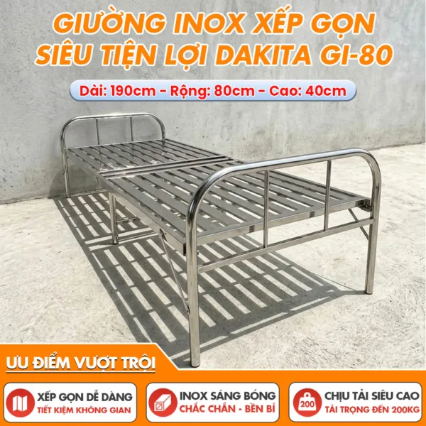 [Rộng 80cm] Giường Inox Gấp Gọn Loại 2 Đoạn Hiệu Dakita Chiều Rộng Mã GI-80