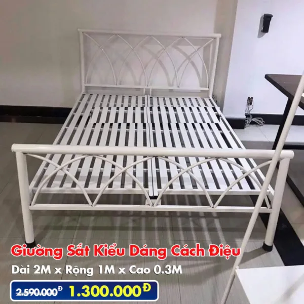 [Rộng 1.m] Giường Sắt Kiểu Cách Điệu DAKITA Trắng Kem