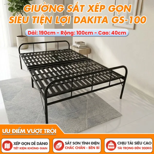 [Rộng 100cm] Giường Sắt Gấp Gọn Loại 2 Đoạn Hiệu Dakita GS-100