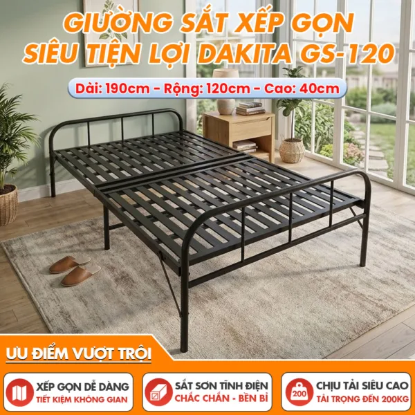 [Rộng 120cm] Giường Sắt Gấp Gọn Loại 2 Đoạn Hiệu Dakita GS-120